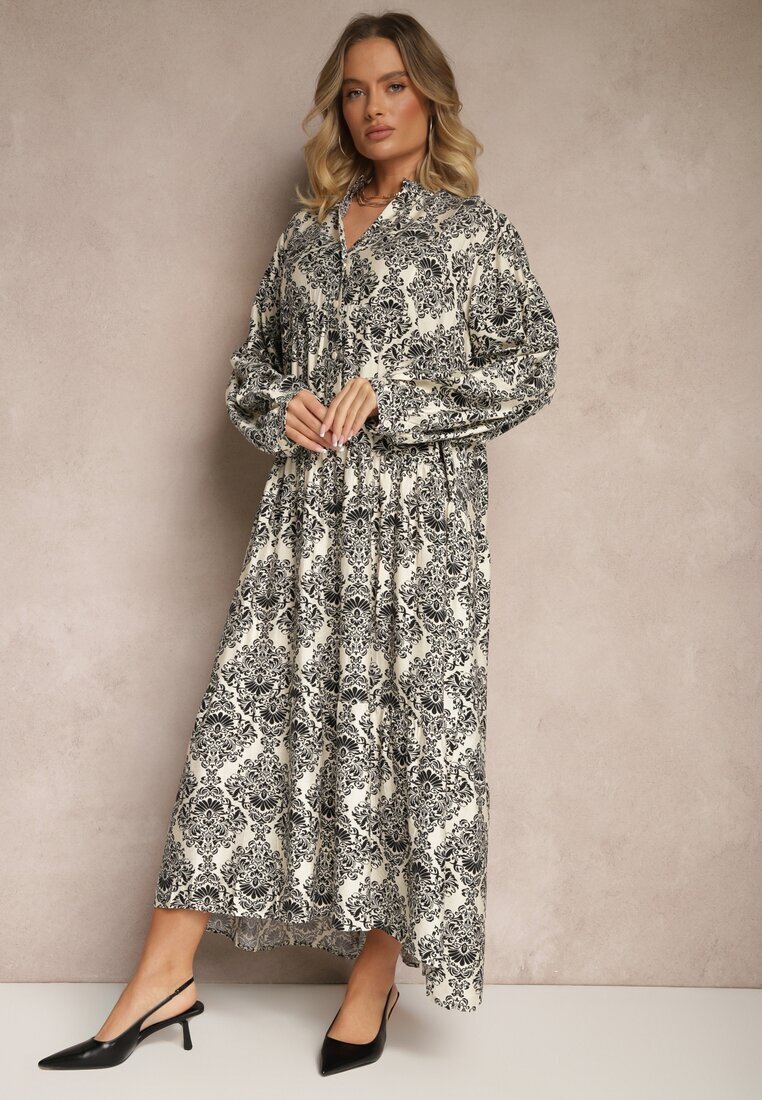 maja studio Rochie Viscoză Neagră cu Model Ornamental cu Croială Evazată Gonalia