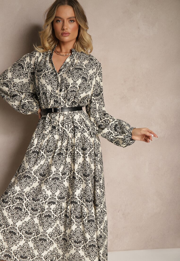 maja studio Rochie Viscoză Neagră cu Model Ornamental cu Croială Evazată Gonalia