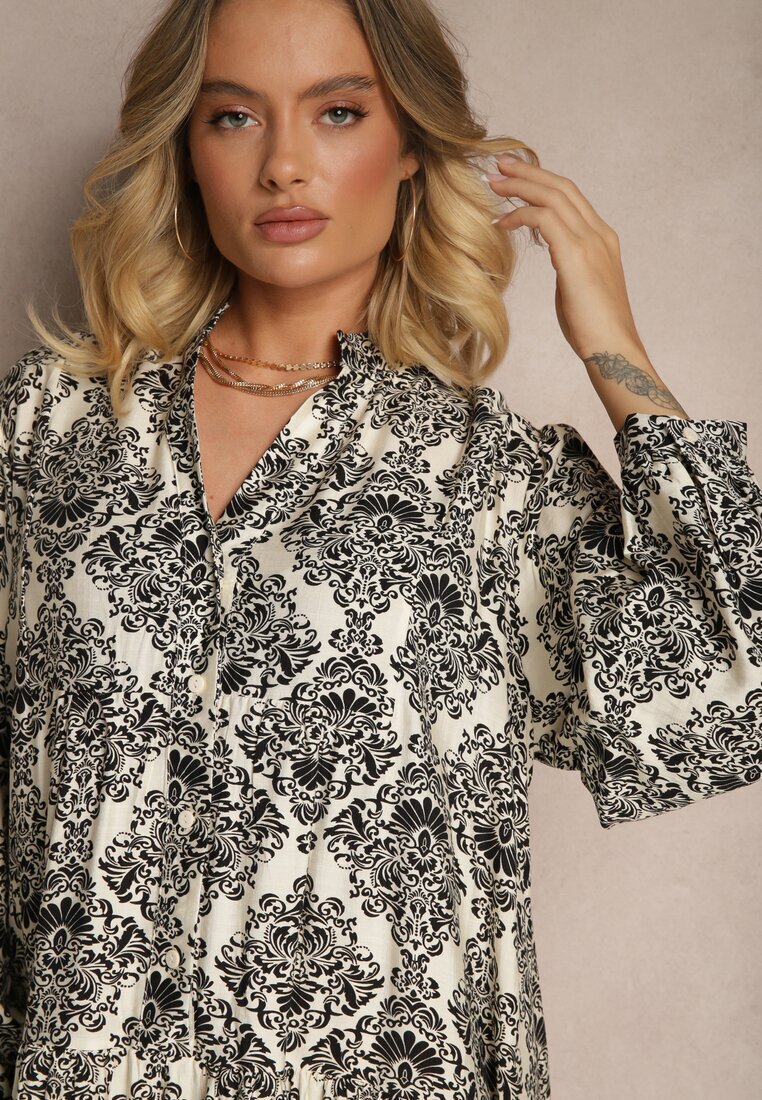 maja studio Rochie Viscoză Neagră cu Model Ornamental cu Croială Evazată Gonalia