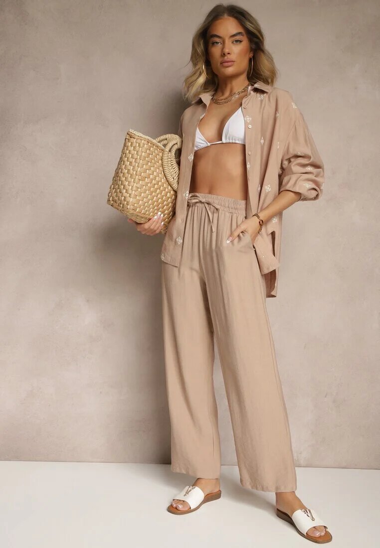 maja studio Set Bej închis Viscoză Oversize Brodat Cămașă și Pantaloni Sadrianae