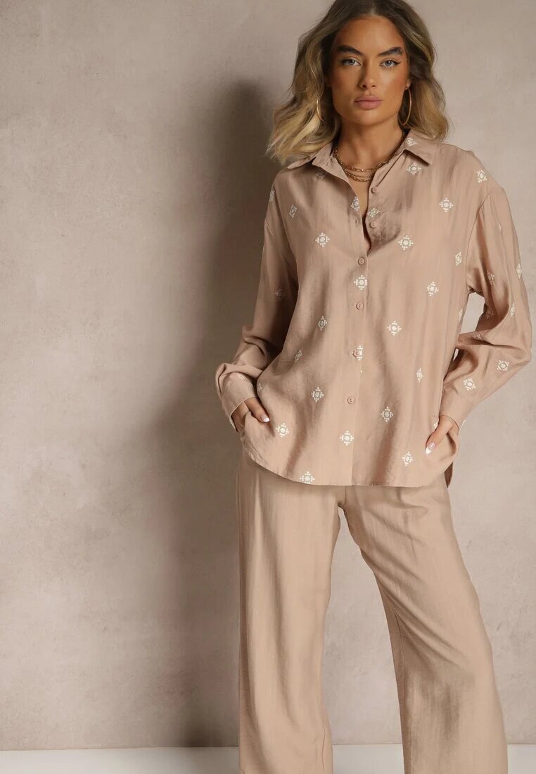 maja studio Set Bej închis Viscoză Oversize Brodat Cămașă și Pantaloni Sadrianae