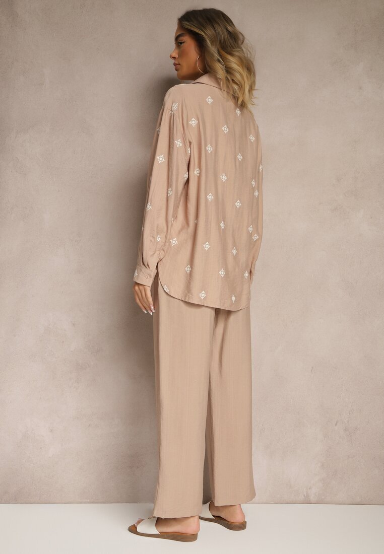 maja studio Set Bej închis Viscoză Oversize Brodat Cămașă și Pantaloni Sadrianae