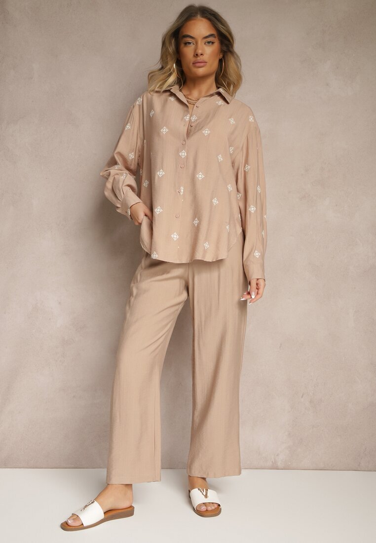 maja studio Set Bej închis Viscoză Oversize Brodat Cămașă și Pantaloni Sadrianae