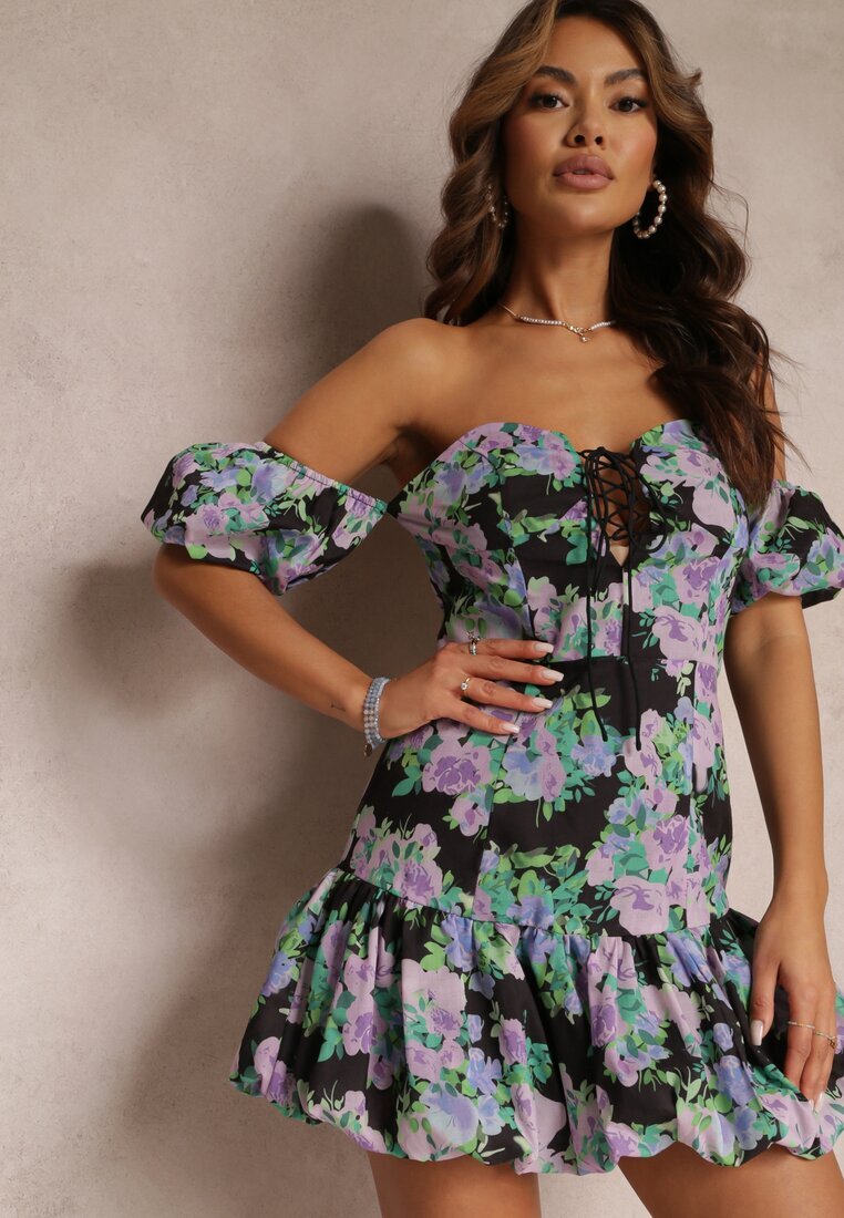 manosque Rochie Mini Bumbac Negru-Violet cu Volan și Mâneci Căzute Natisani