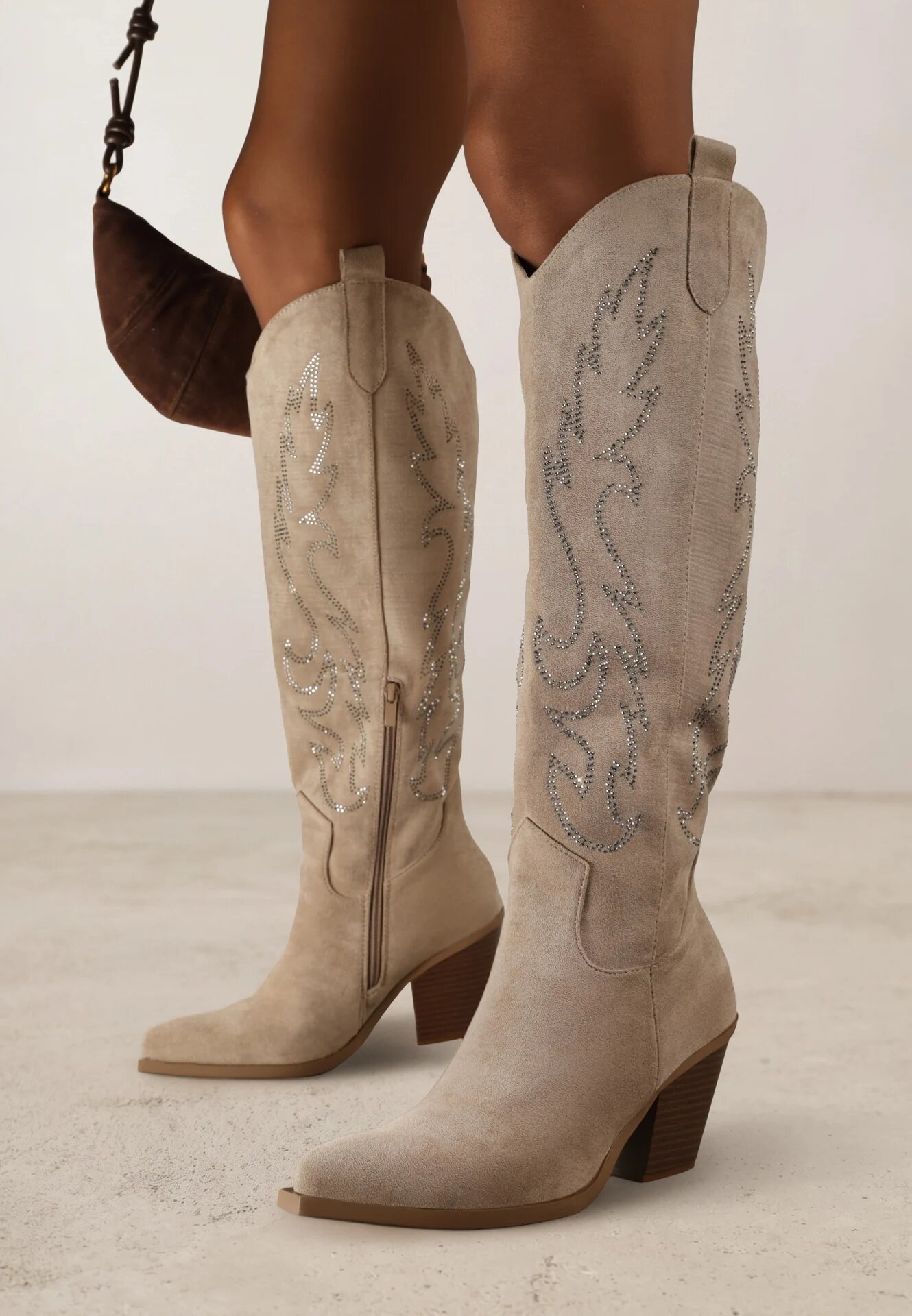 marquiiz Cizme Cowboy Bej închis cu toc conic decorate cu zirconii Nalera