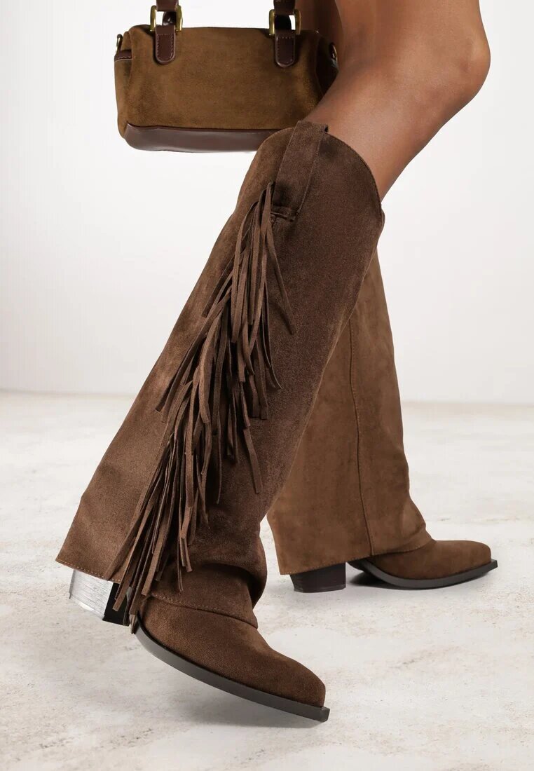 marquiiz Cizme Cowboy Maro cu toc conic cu carâmb imitând cracul pantalonului cu franjuri Monettea