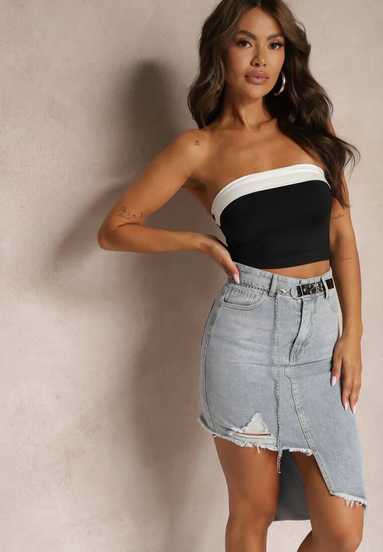 may moda Fustă albastră deschisă asimetrică din denim de bumbac cu talie înaltă cu lanț și curea Vimaliene