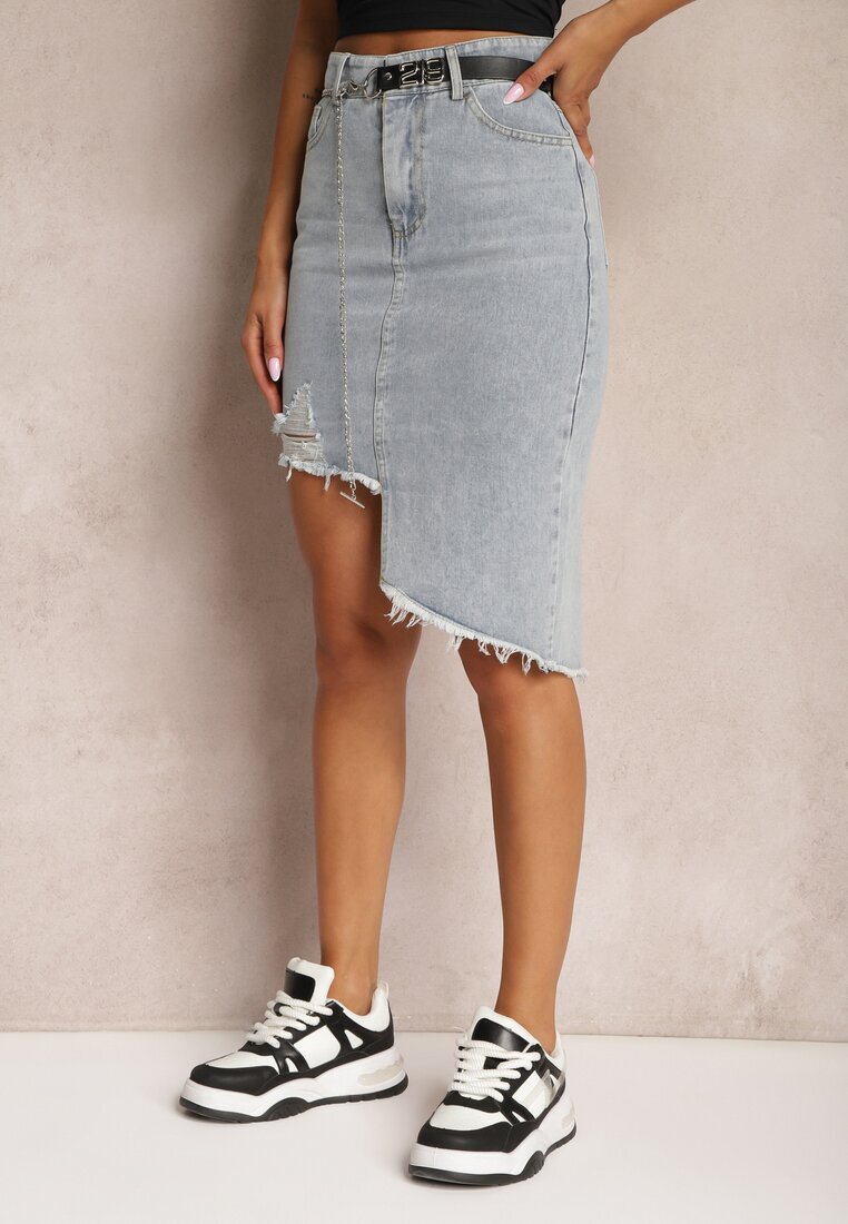 may moda Fustă albastră deschisă asimetrică din denim de bumbac cu talie înaltă cu lanț și curea Vimaliene