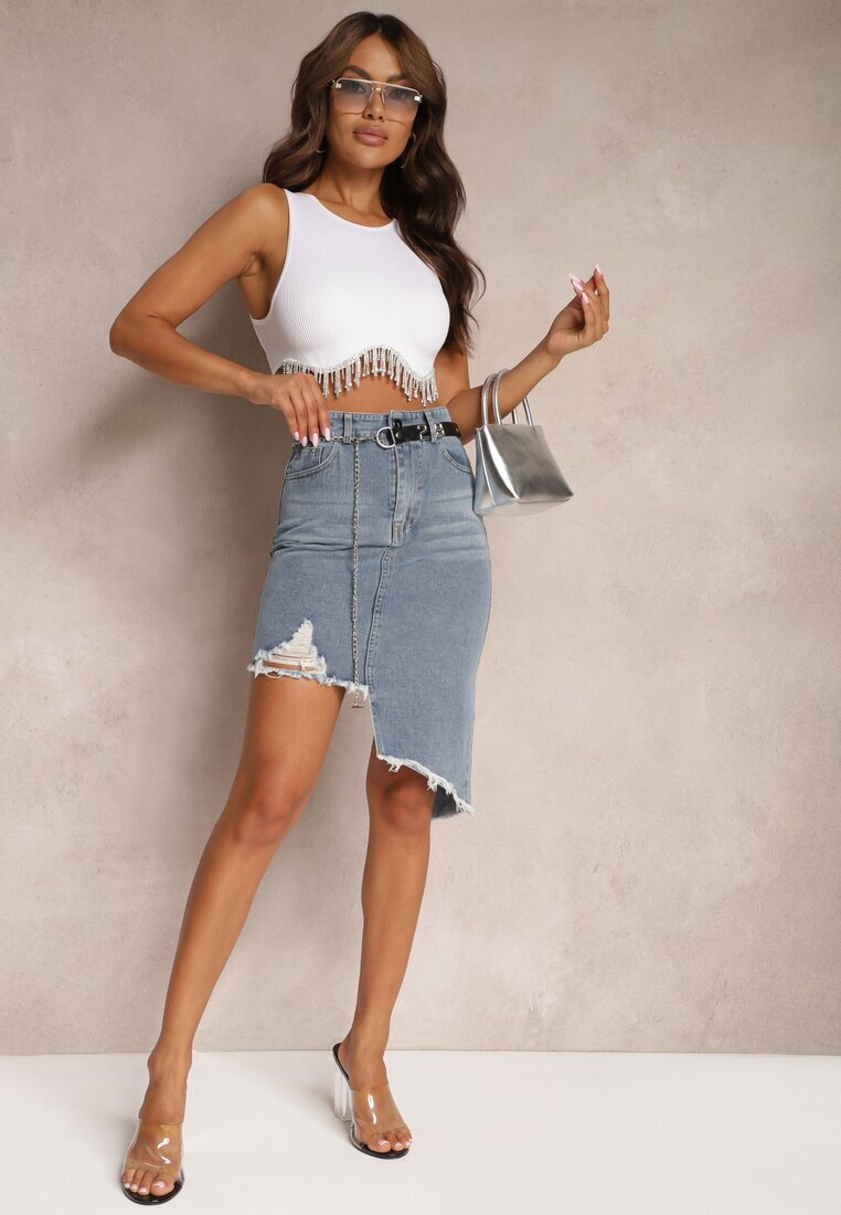 may moda Fustă Asimetrică din Denim de Bumbac Albastră Talie Înaltă cu Lanț și Curea Vimaliene