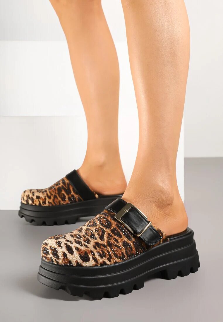mellisa Papuci Leopard Tip Saboți pe Platformă Embosată Decorate cu Cataramă Sorelenna