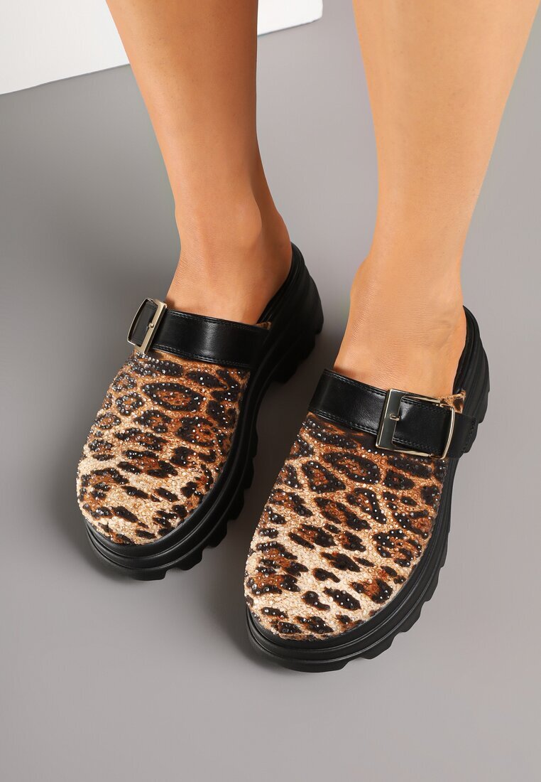 mellisa Papuci Leopard Tip Saboți pe Platformă Embosată Decorate cu Cataramă Sorelenna