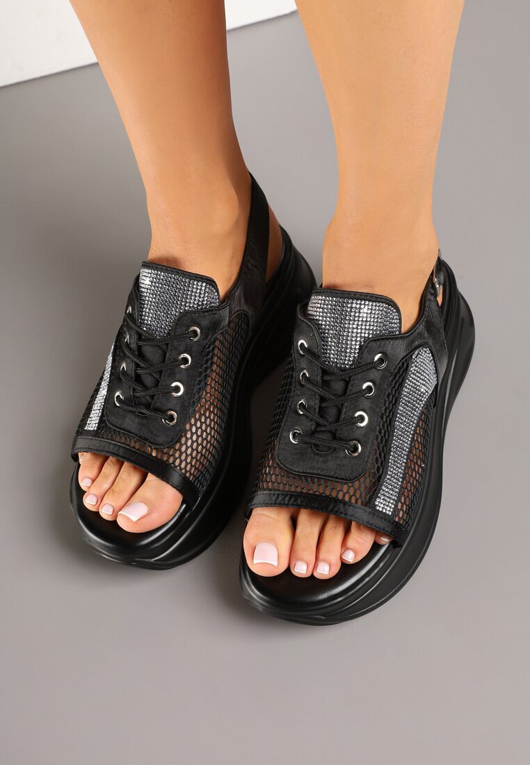 mellisa Sandale Negre cu platformă stil adidași Peep Toe Sorezia