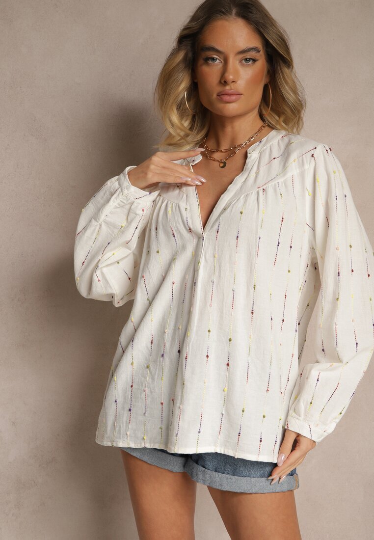 melya by melody Bluză Albă de Bumbac stil Cămașă cu Broderie Decorativă Palithia