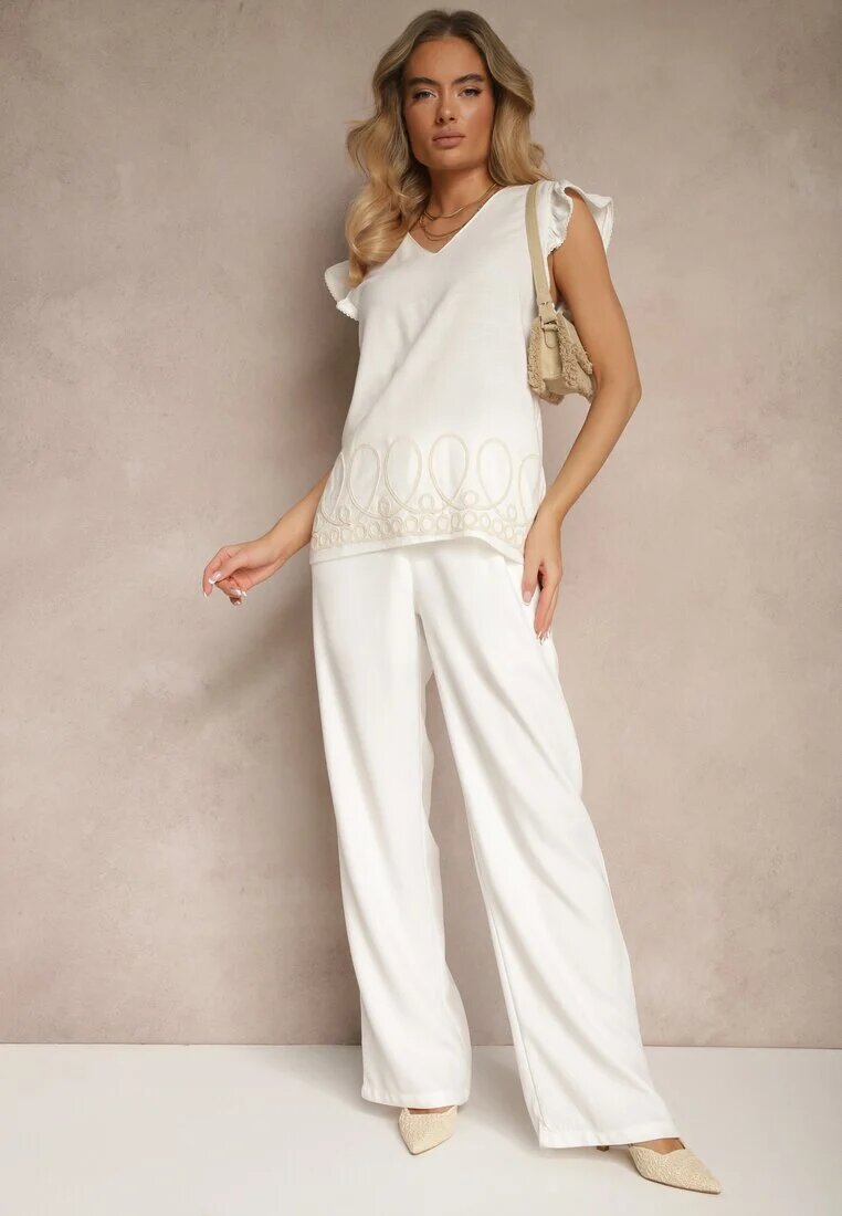 melya by melody Bluză Albă din In și Viscoză cu Volane Decorative și Broderie Kalirna