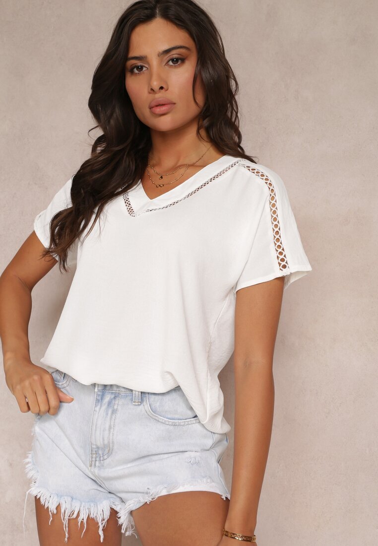 melya by melody Bluză Evazată Albă cu Mâneci scurte și Benzi Ajurate Zaylor