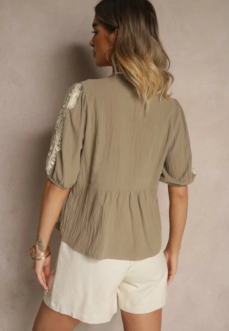 melya by melody Bluză Legată Verde din Bumbac cu Broderie Decorativă Novienira
