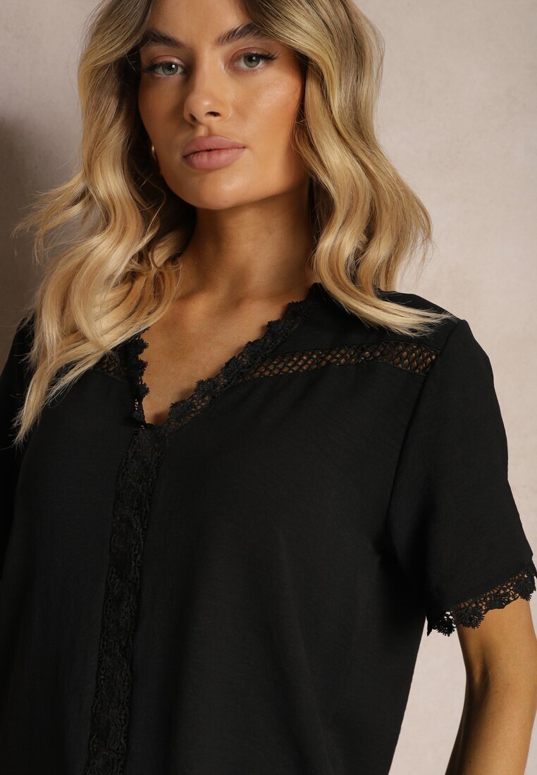 melya by melody Bluză Neagră cu Broderie Decorativă și Decolteu în V Grisevia