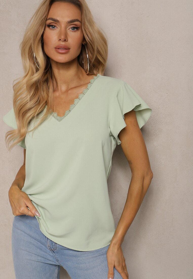 melya by melody Bluză Verde Transparentă cu inserții de dantelă Lenley