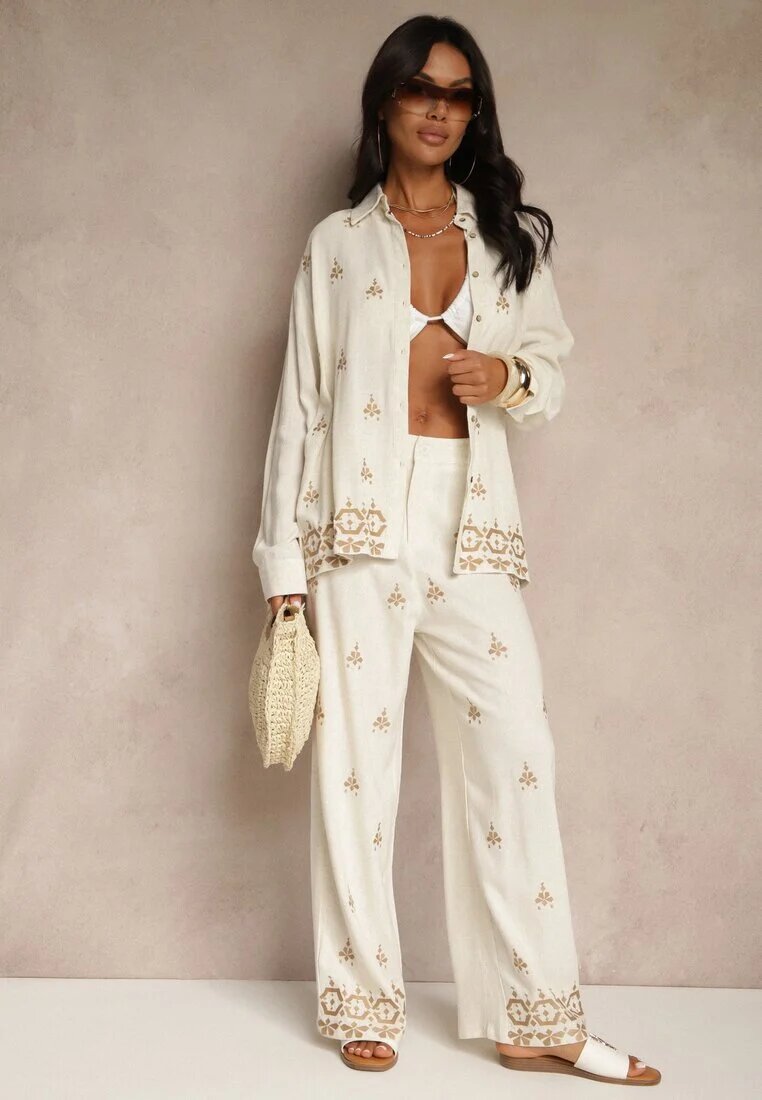 melya by melody Cămașă Alb-Bej Boho din Vâscoză și In cu Broderie Decorativă Arliena