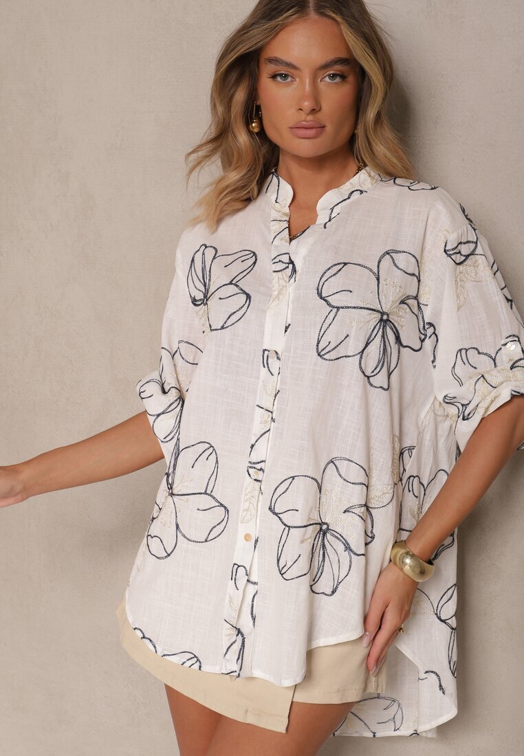 melya by melody Cămașă Alb-Bleumarin oversize cu mâneci ce pot fi prinse și broderie decorativă Follenea