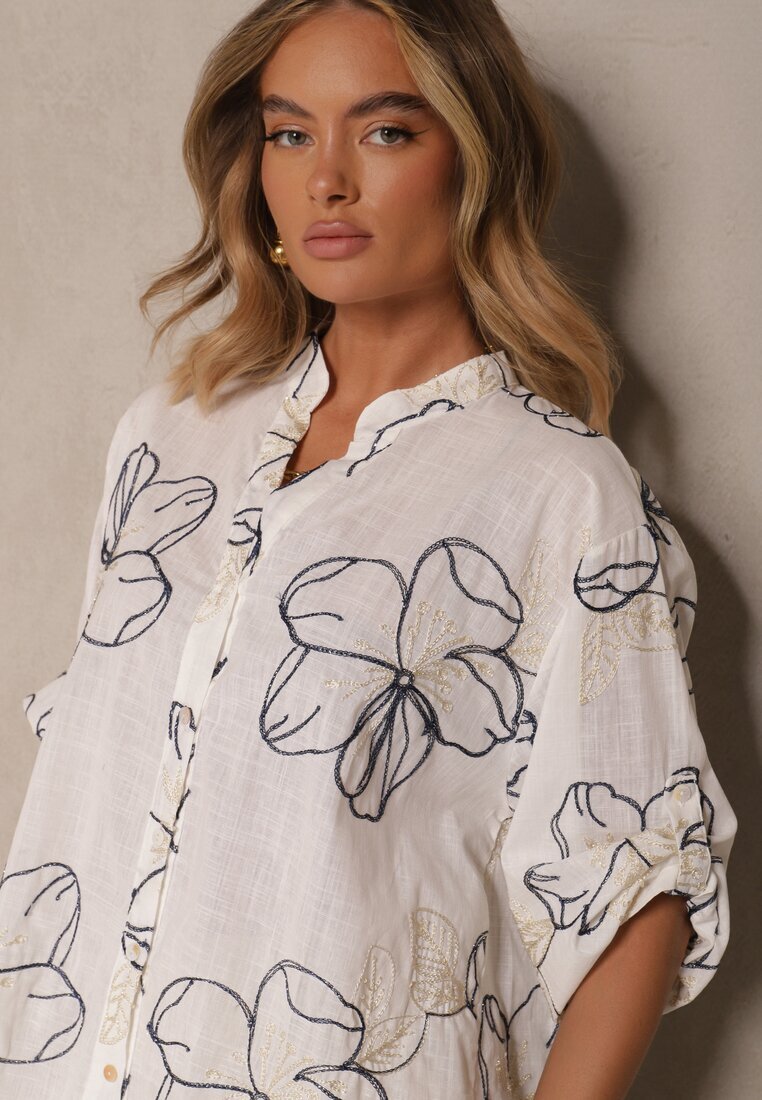 melya by melody Cămașă Alb-Bleumarin oversize cu mâneci ce pot fi prinse și broderie decorativă Follenea