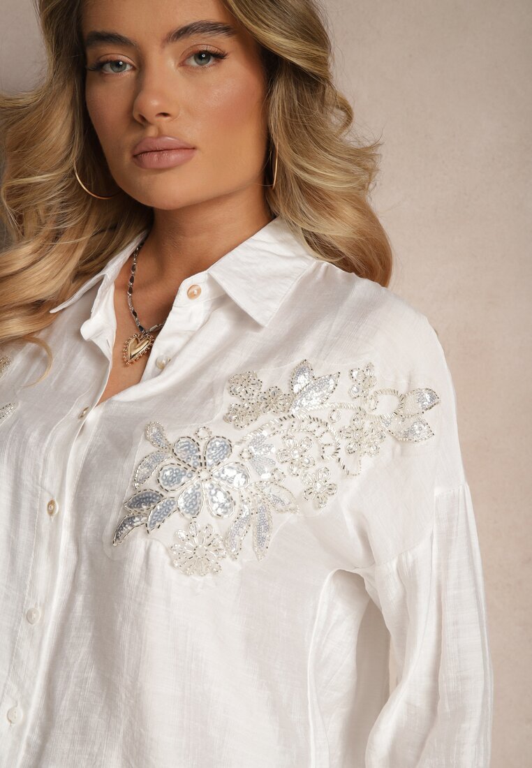 melya by melody Cămașă Albă cu vâscoză cu croi oversize cu aplicație din zirconiu Maliera