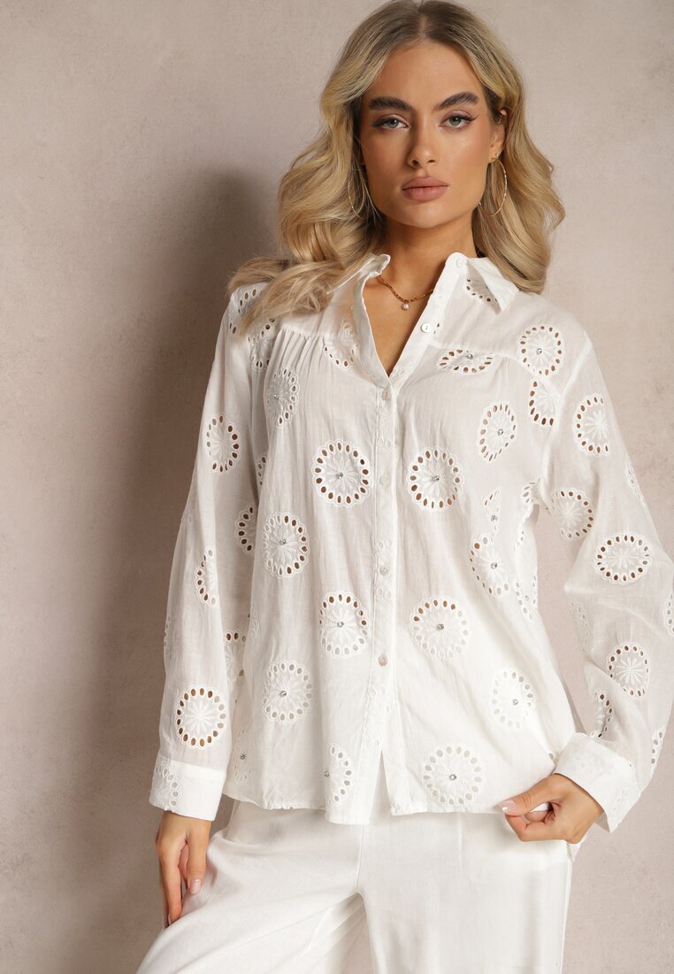 melya by melody Cămașă Albă Din Bumbac Decorată cu Zirconii și Broderie Operetta