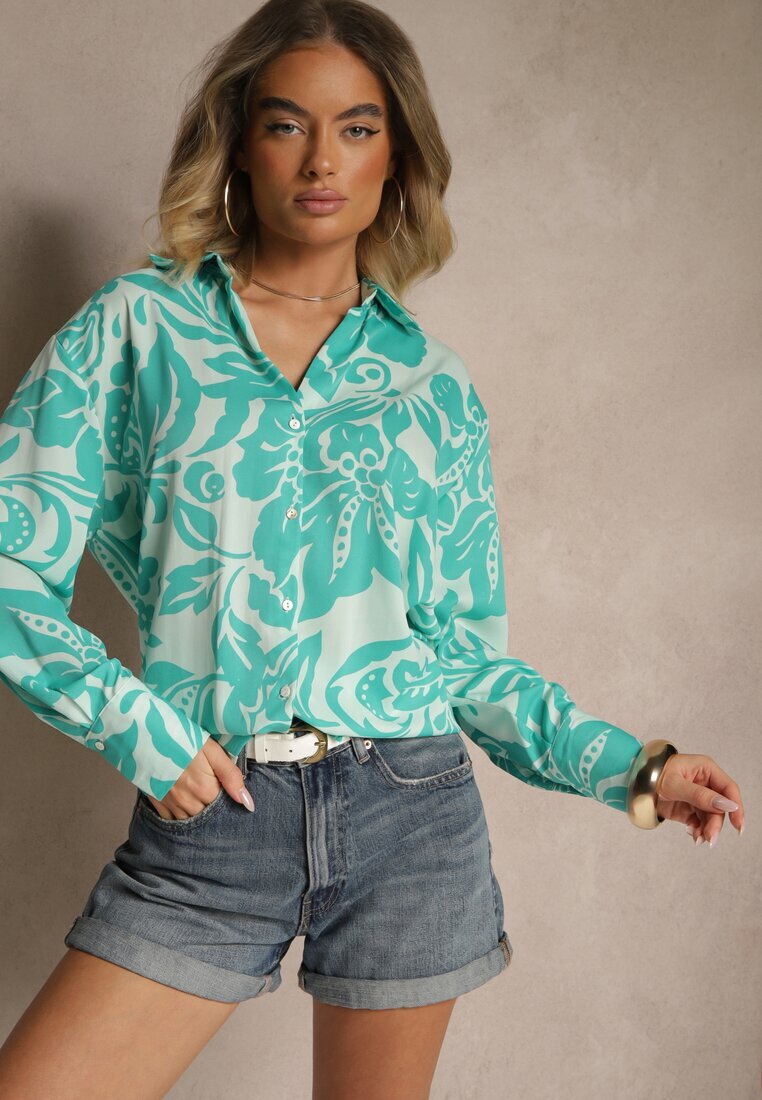 melya by melody Cămașă Albastră Oversize cu Imprimeu Floral Boinea