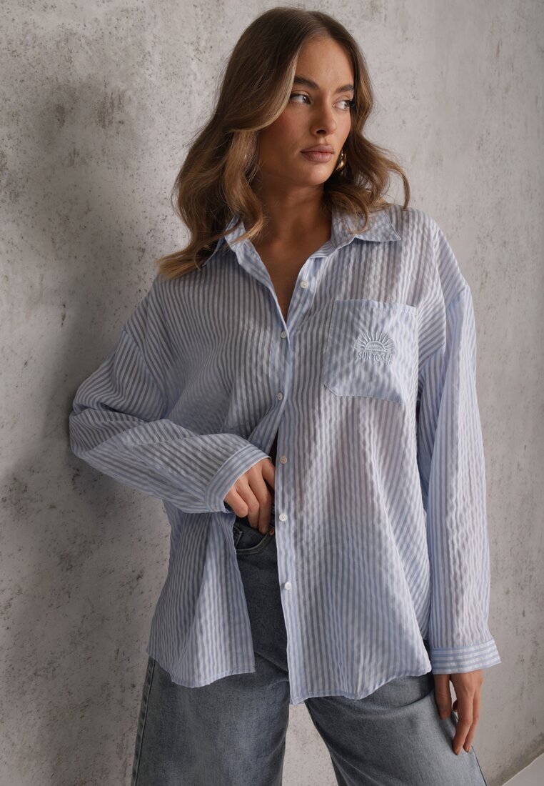 melya by melody Cămașă Albastră Oversize din Tencel cu dungi cu model brodat Tidore