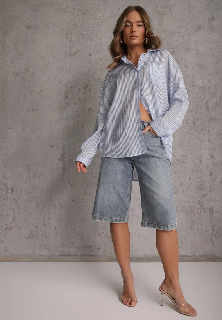 melya by melody Cămașă Albastră Oversize din Tencel cu dungi cu model brodat Tidore