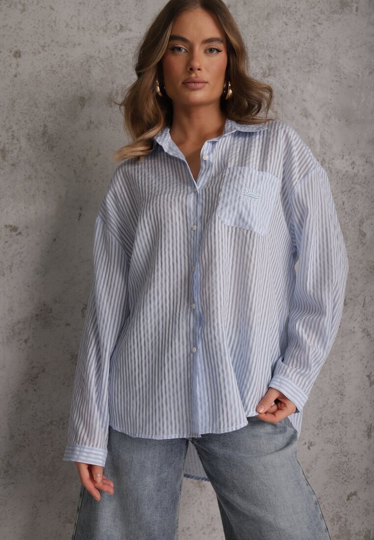 melya by melody Cămașă Albastră Oversize din Tencel cu dungi cu model brodat Tidore