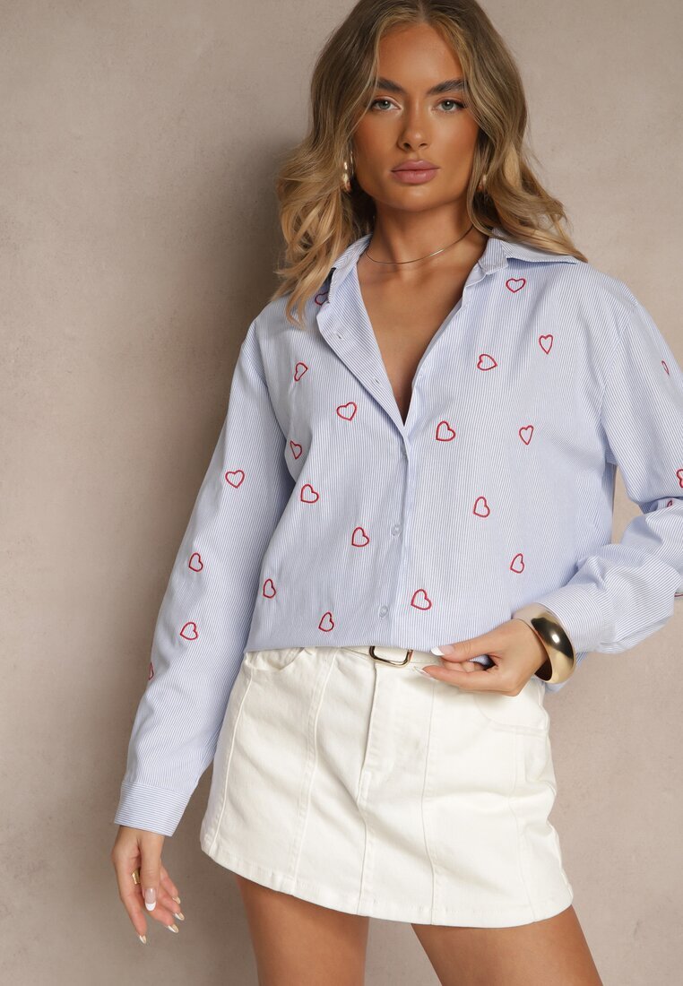 melya by melody Cămașă Albastru-Roșu Oversize în Dungi Cu Broderie Inimă Nitavela