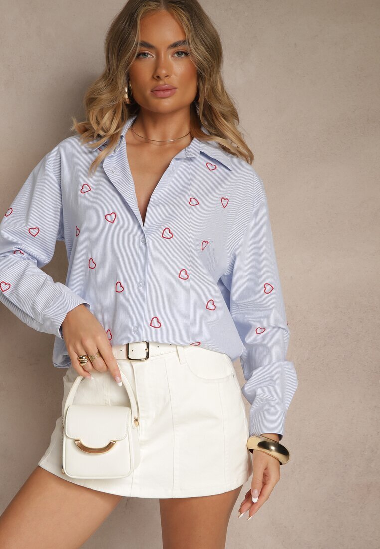 melya by melody Cămașă Albastru-Roșu Oversize în Dungi Cu Broderie Inimă Nitavela