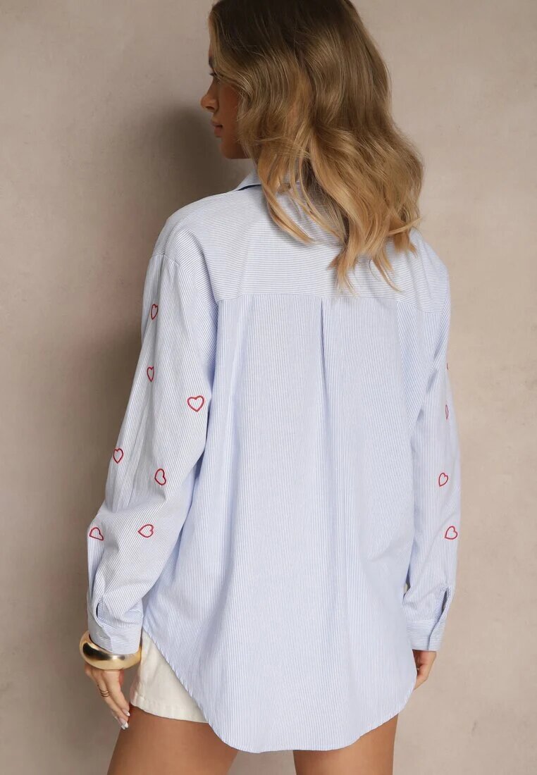 melya by melody Cămașă Albastru-Roșu Oversize în Dungi Cu Broderie Inimă Nitavela