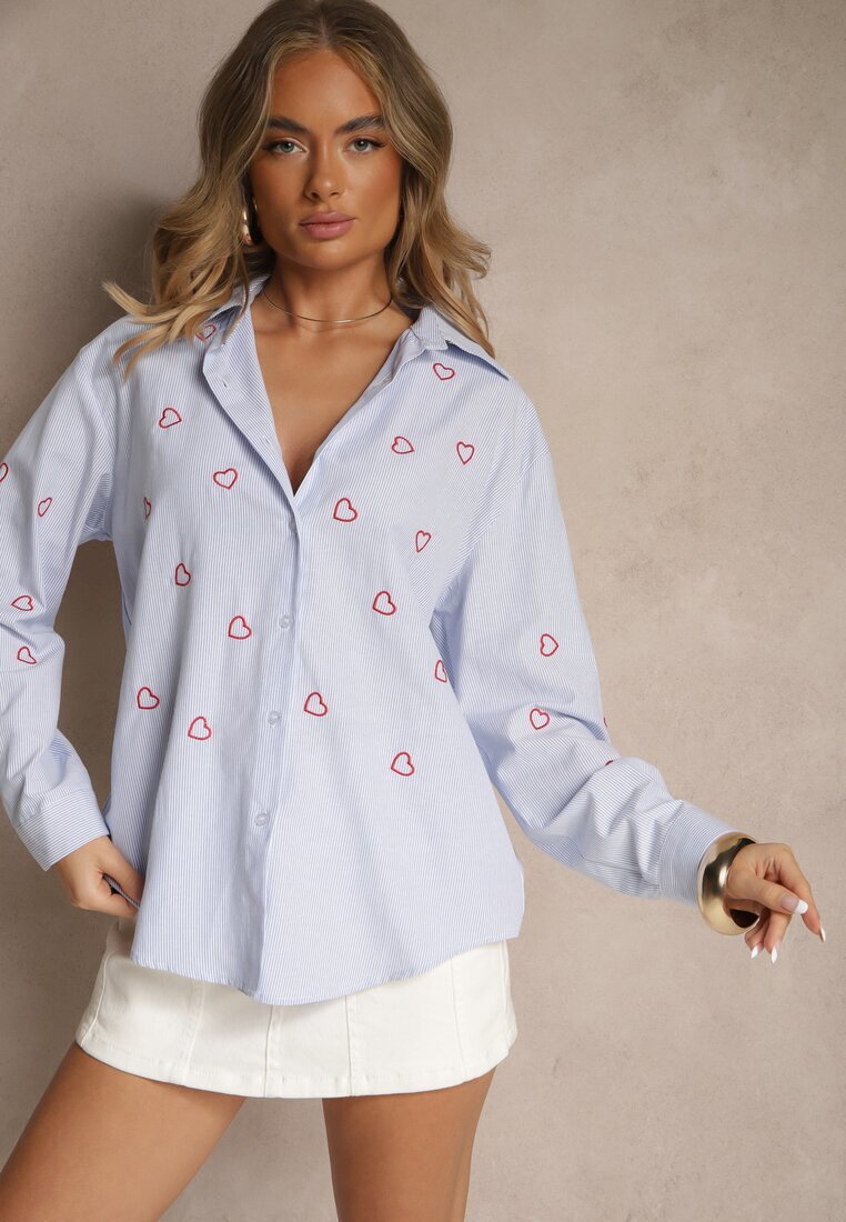 melya by melody Cămașă Albastru-Roșu Oversize în Dungi Cu Broderie Inimă Nitavela
