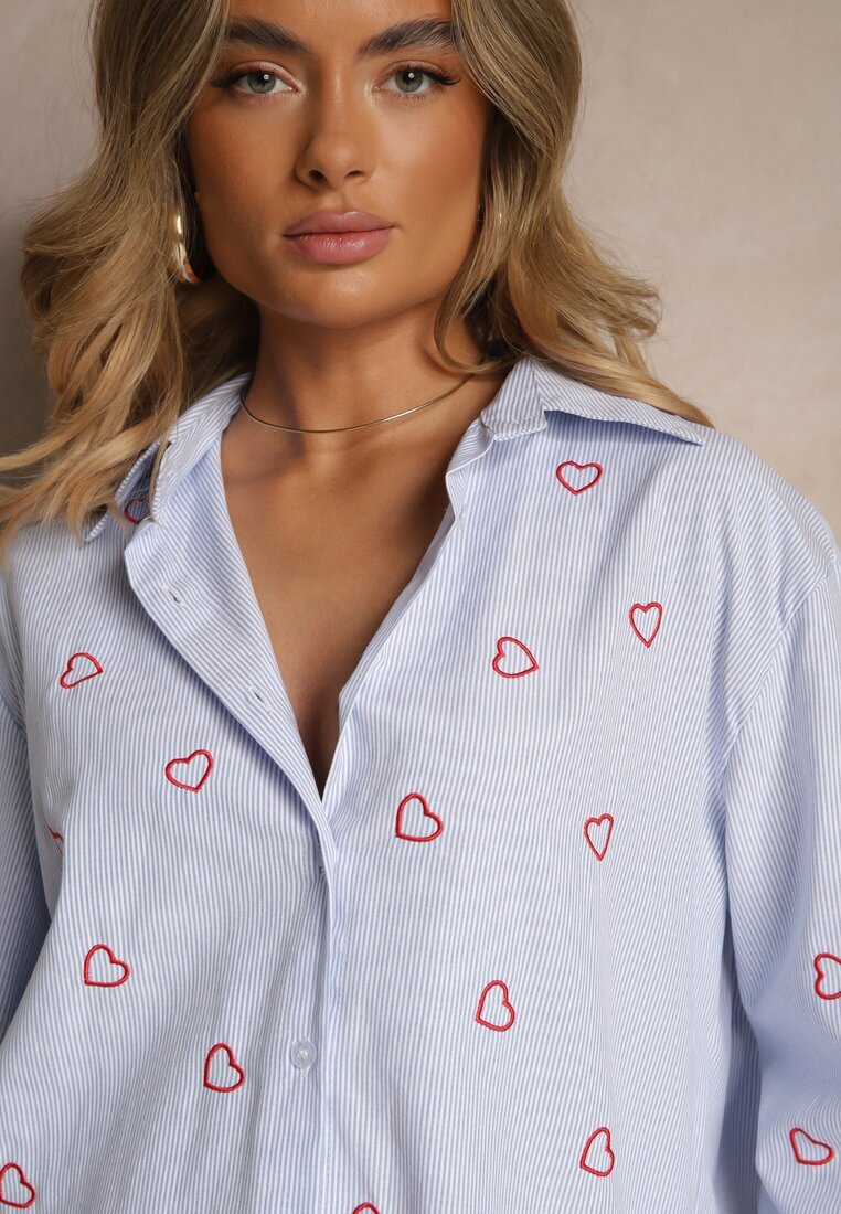 melya by melody Cămașă Albastru-Roșu Oversize în Dungi Cu Broderie Inimă Nitavela