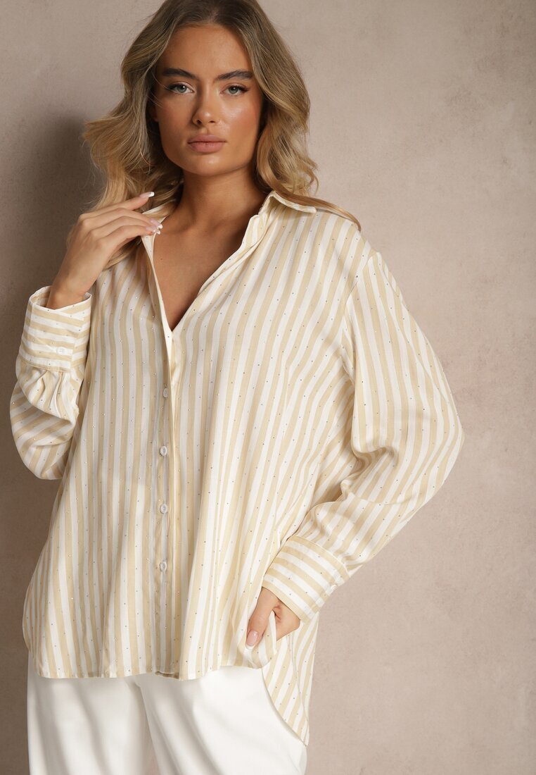 melya by melody Cămașă Bej deschis din Bumbac cu dungi verticale cu Zirconii Jarilea
