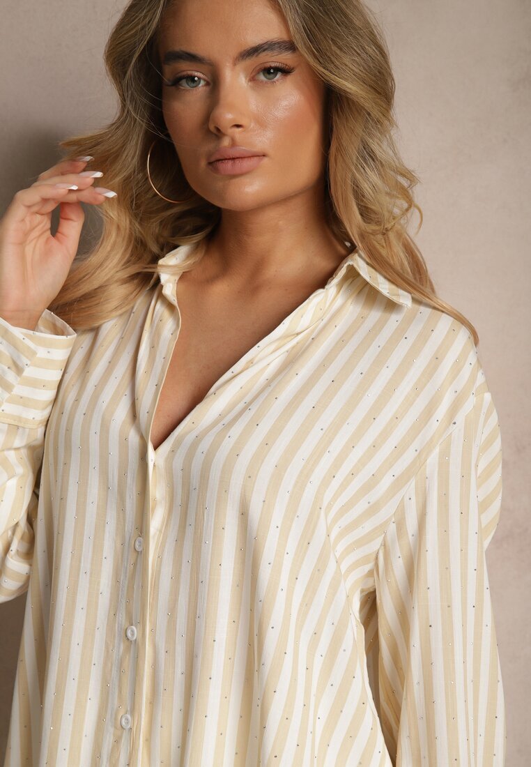 melya by melody Cămașă Bej deschis din Bumbac cu dungi verticale cu Zirconii Jarilea