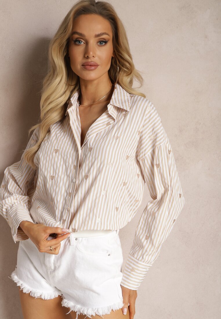 melya by melody Cămașă Bej deschis din bumbac Decorată cu model cu dungi subțiri și inimioare Vatille
