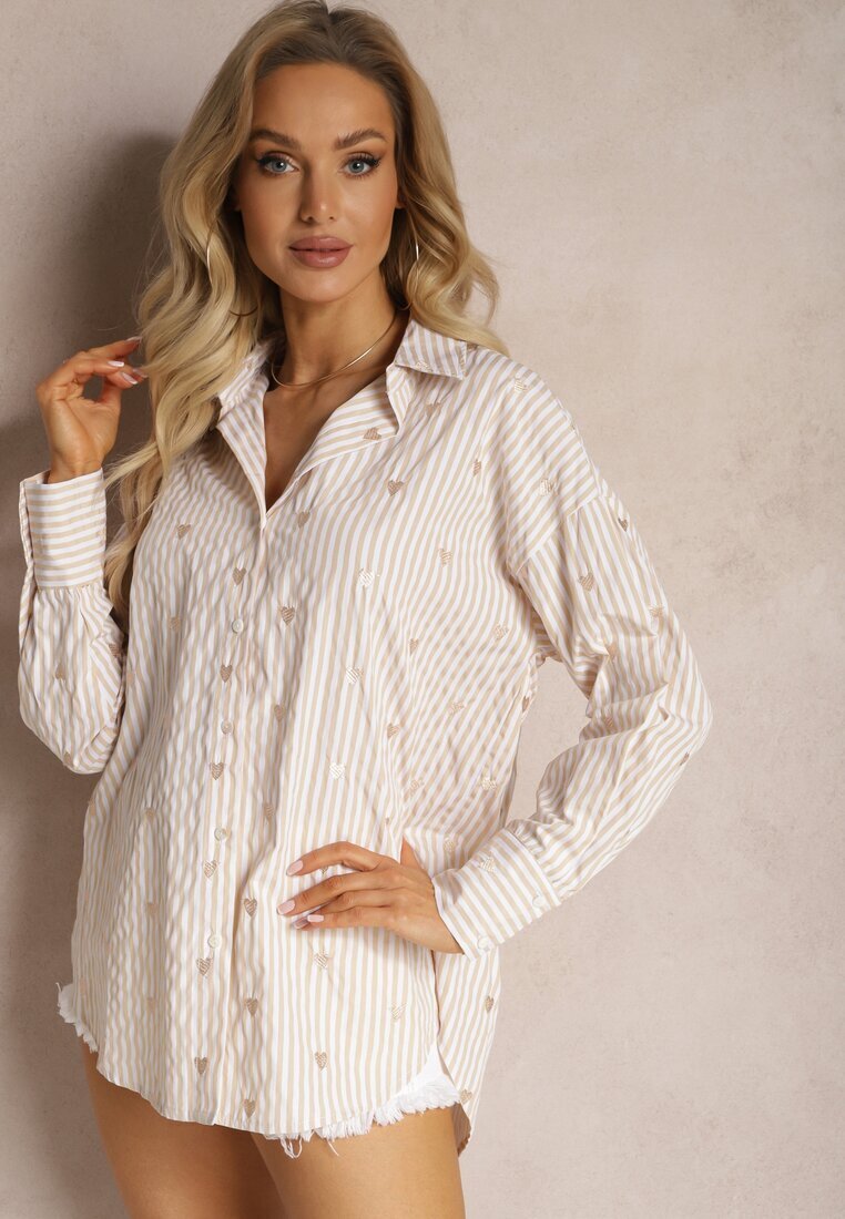 melya by melody Cămașă Bej deschis din bumbac Decorată cu model cu dungi subțiri și inimioare Vatille
