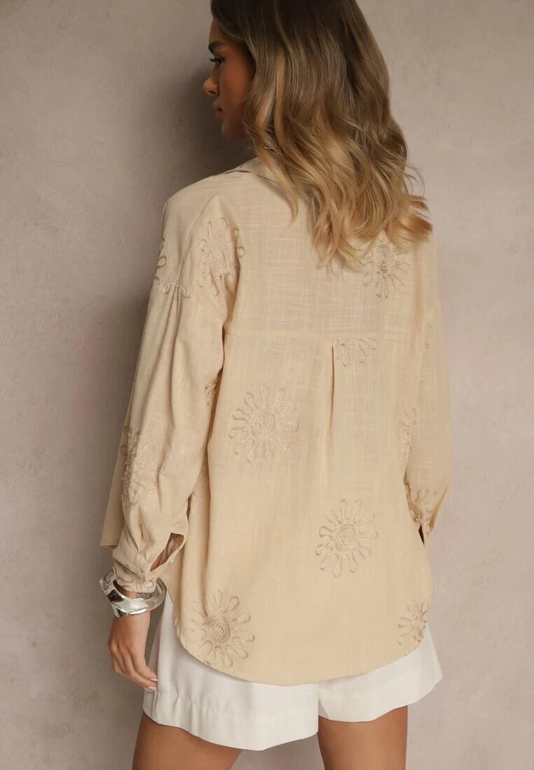 melya by melody Cămașă Bej din In și Bumbac cu Broderie Decorativă Valkio