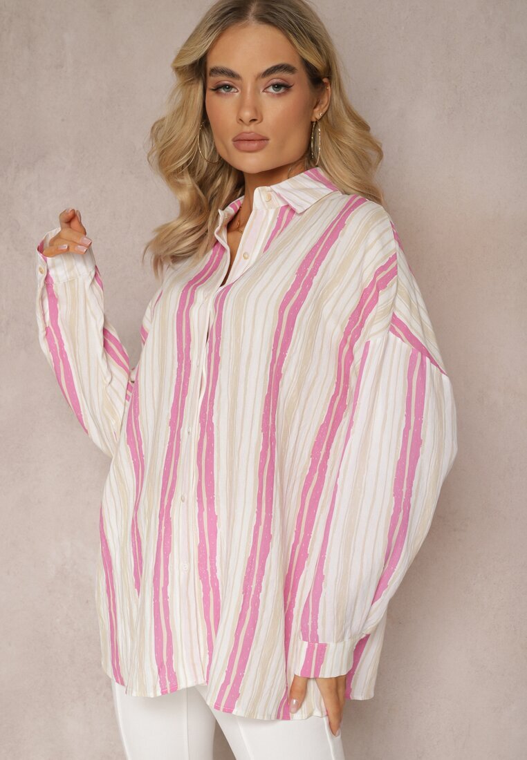melya by melody Cămașă Bej-Fucsia Casual din Bumbac în Dungi Sileata