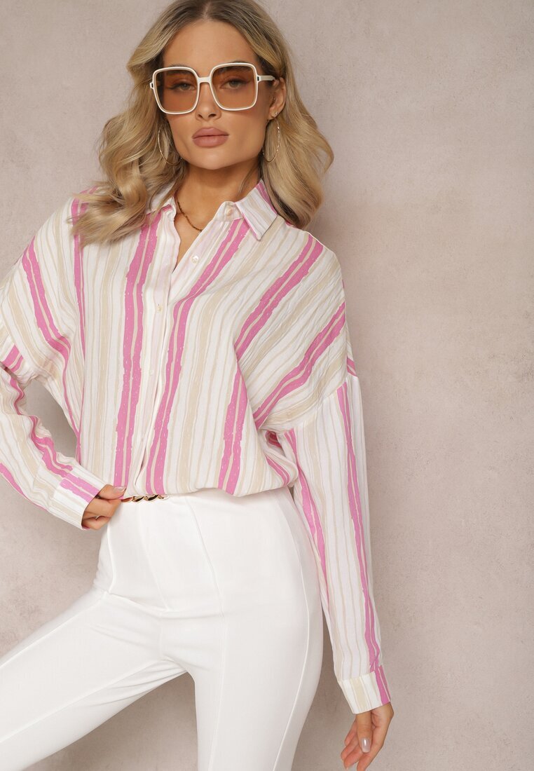 melya by melody Cămașă Bej-Fucsia Casual din Bumbac în Dungi Sileata