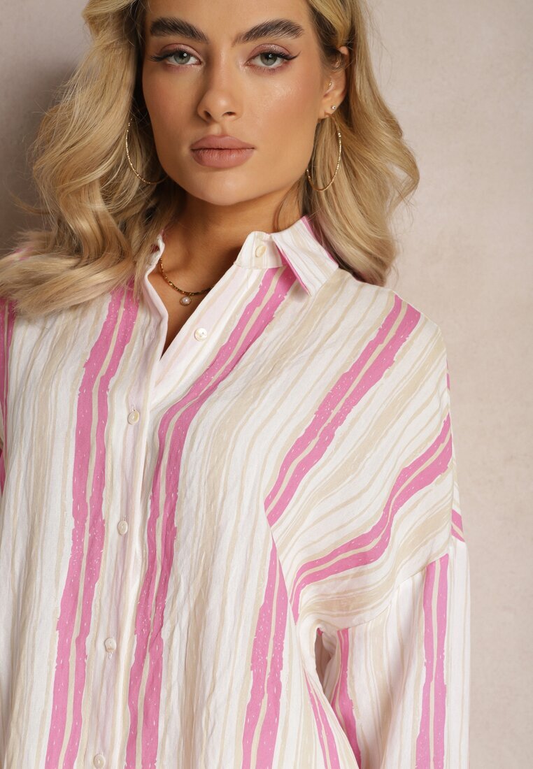 melya by melody Cămașă Bej-Fucsia Casual din Bumbac în Dungi Sileata