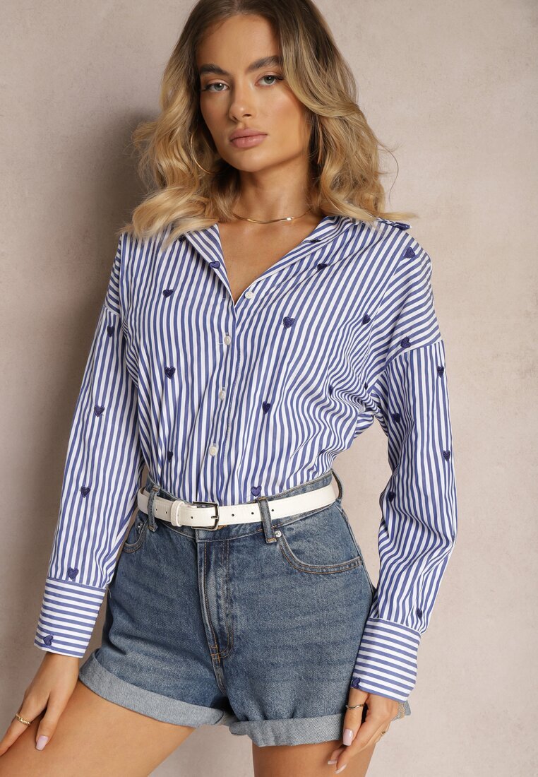 melya by melody Cămașă bleumarin din bumbac decorată cu model cu dungi subțiri și inimioare Vatille