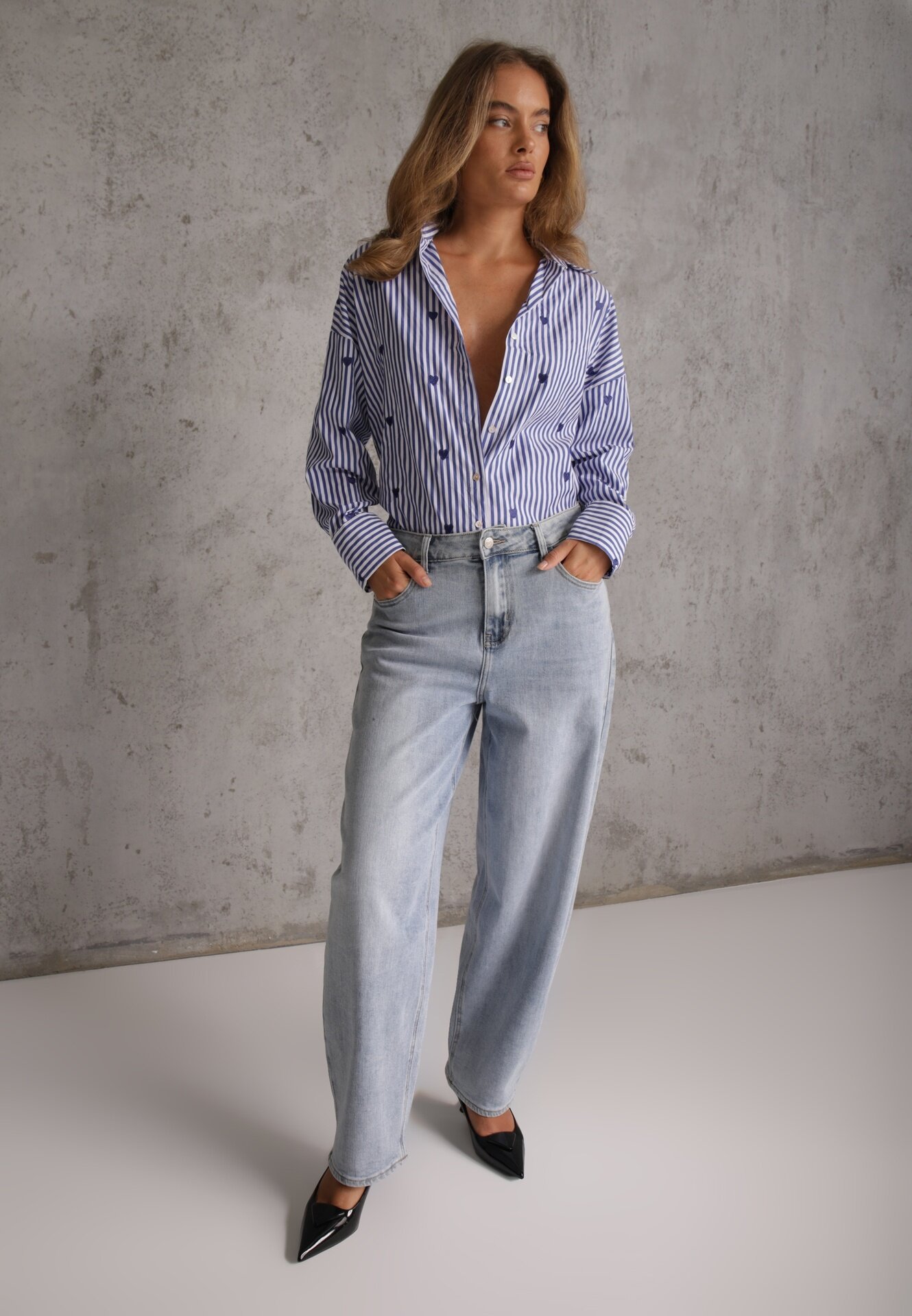 melya by melody Cămașă bleumarin din bumbac decorată cu model cu dungi subțiri și inimioare Vatille