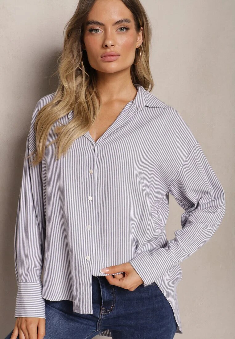 melya by melody Cămașă Bleumarin din In și Viscoză Decorată cu Model în Dungi Iveleira