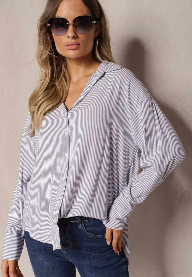 melya by melody Cămașă Bleumarin din In și Viscoză Decorată cu Model în Dungi Iveleira