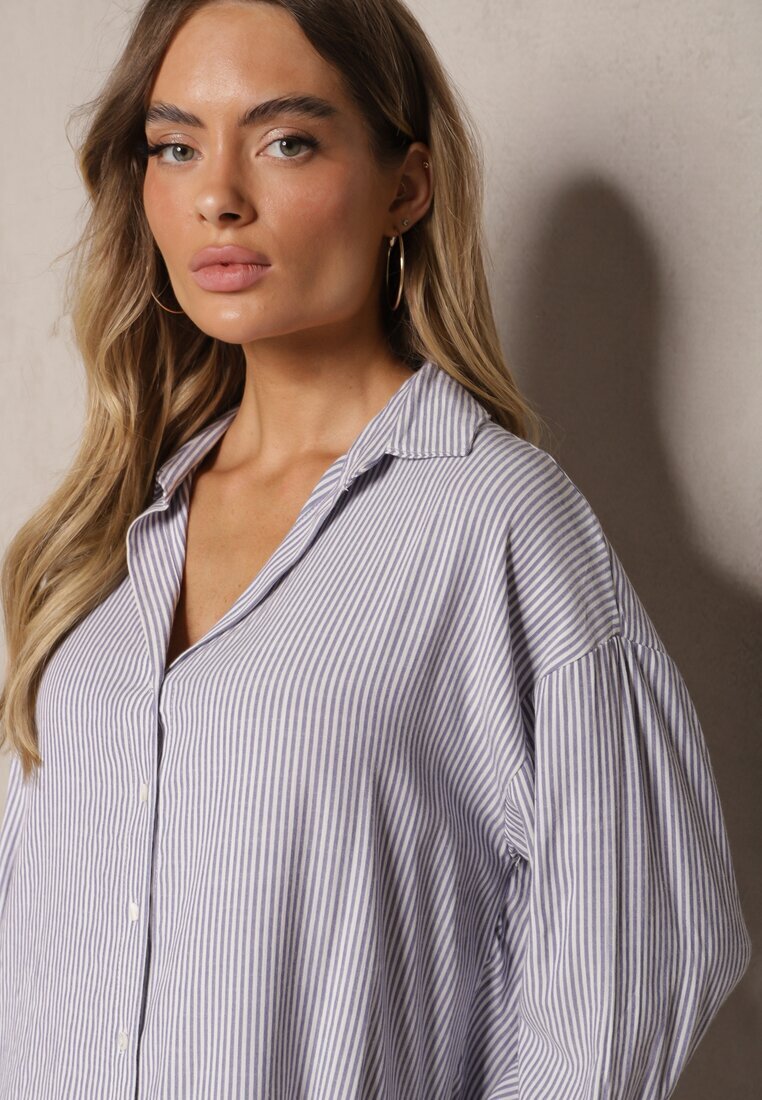 melya by melody Cămașă Bleumarin din In și Viscoză Decorată cu Model în Dungi Iveleira