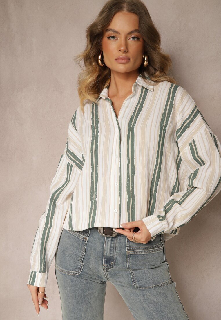 melya by melody Cămașă casual bej din bumbac cu dungi Sileata